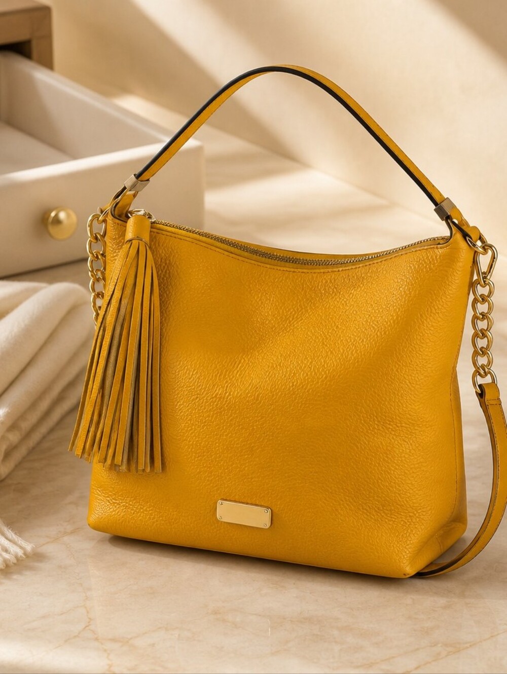 Michael Kors Mustard Yellow Leather Shoulder Bag with Tassel